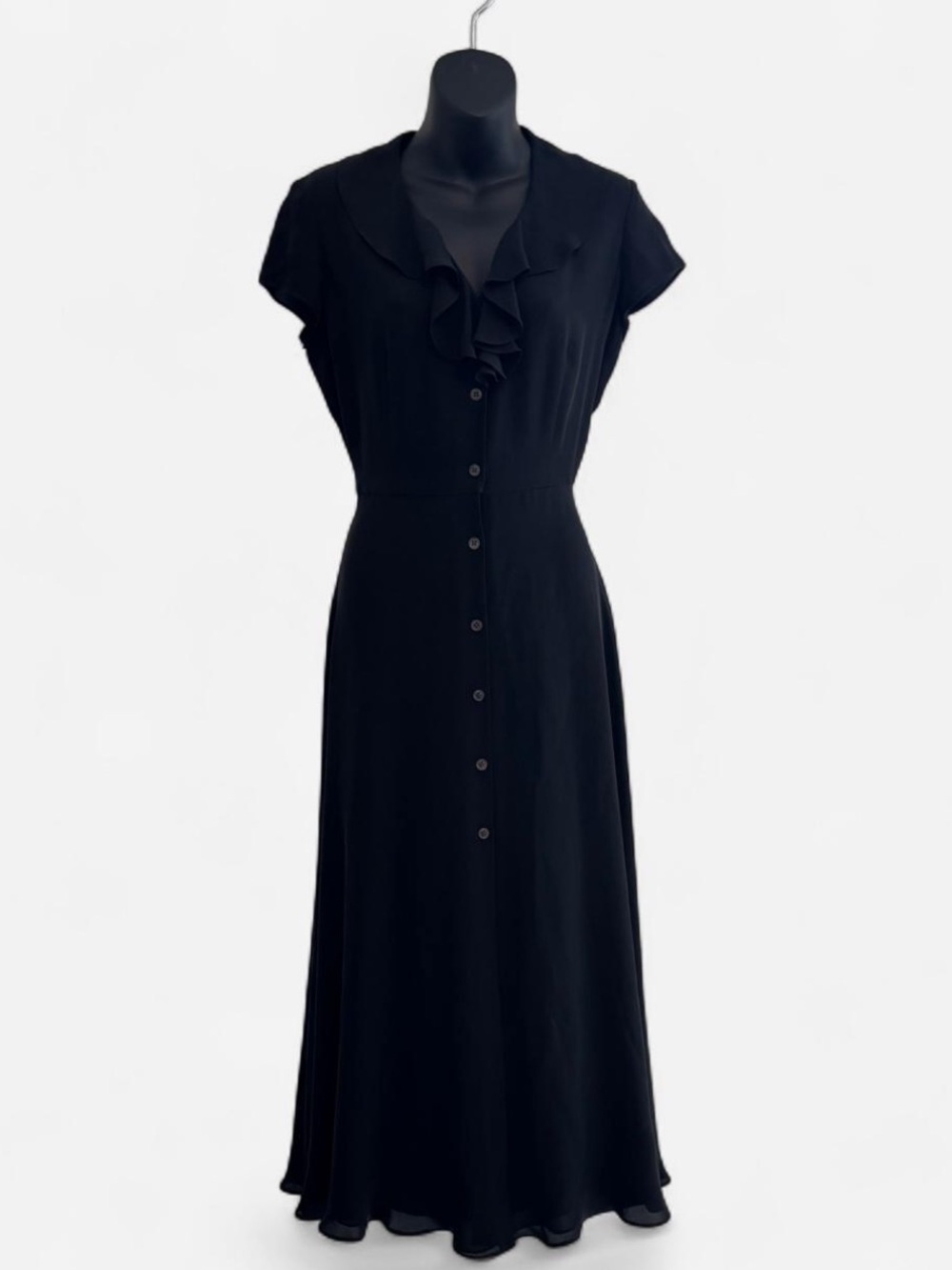 Ralph Lauren Petite Black Silk Ruffle Midi Dress